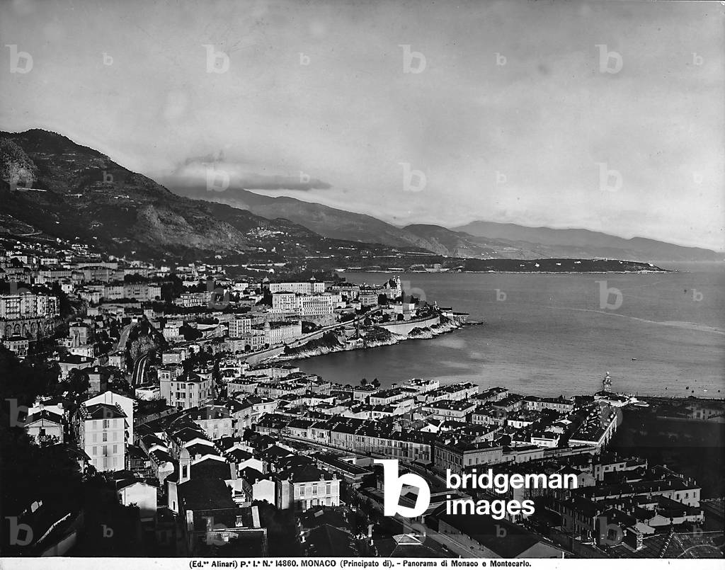 Panoramic view of the Principality of Monaco, Montecarlo, 1915-20 ca. (b/w photo)