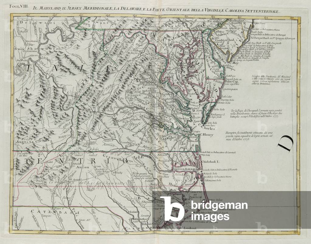 Maryland, southern New Jersey, Delaware and the eastern part of Virginia and North Carolina, engraving by G. Zuliani taken from Tome I of the 