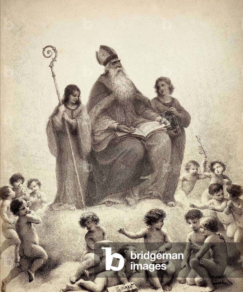 St. Augustine, in bishop's dress, is seated between two youth, with an open book resting on his knees;they are surrounded by festive angels. Illustration of Canto XXXII in Paradiso of The Divine Comedy by Dante Alighieri. Work of Francesco Scaramuzza dedicated to the Municipality of Florence.
