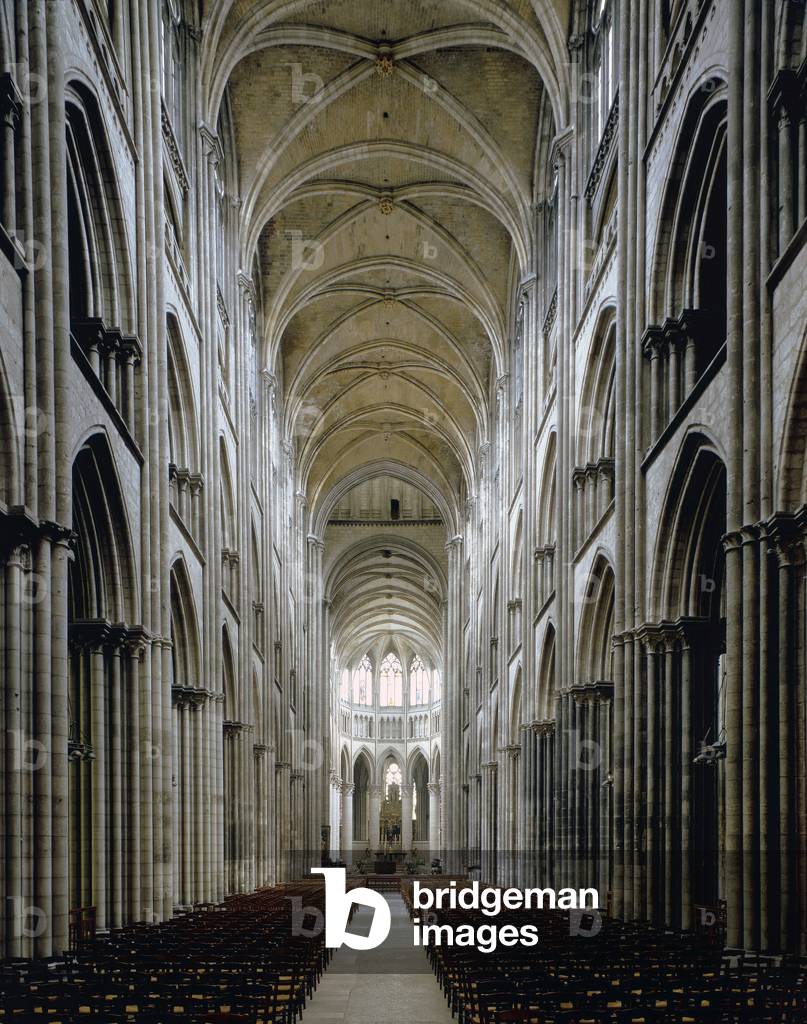 Axial view of the central aisle of Notre Dame Cathedral in Rouen, 