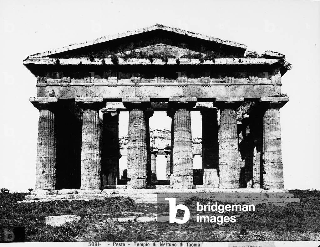 Frontal view of the Temple of Neptune or Poseidon in Paestum, outside of Salerno
