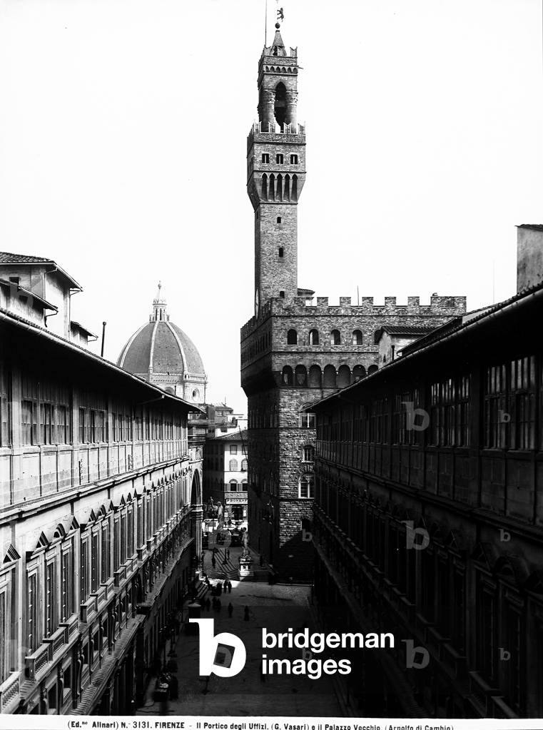 View of the portico of the Uffizi, Palazzo Vecchio and the dome of Santa Maria del Fiore.