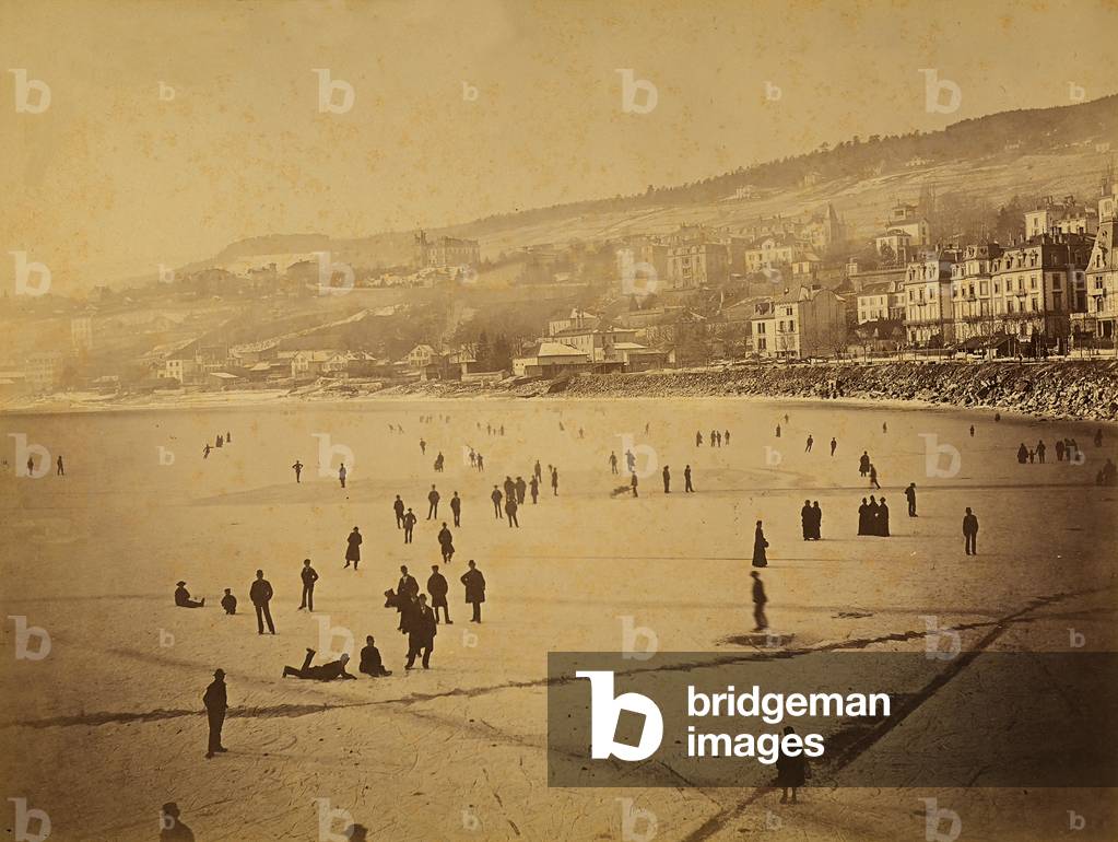 Ice skaters on the frozen lake of Neuchatel, during the frost of January-February 1880