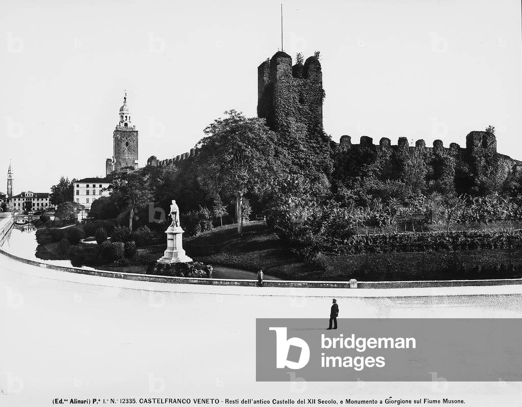 View of the Castle on the Musone river near Castelfranco Veneto and of the monument to Giorgione