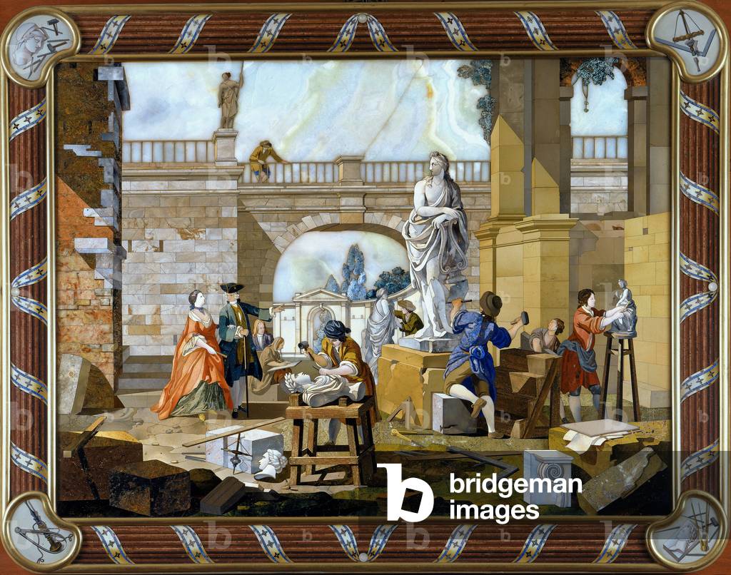 Panel in pietre dure inlay depicting Sculpture, held at the Museo dell'Opificio delle Pietre Dure (Museum of the Semi-Precious Stone Workshop)in Florence. The image shows sculptors working in the interior of a building. The work is bordered by a fluted frame decorated with a wrapped band motif.