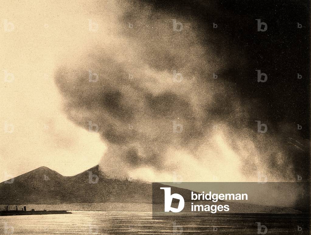 Dense smoke emanating from Vesuvius darkens the sky over the sea during the 1906 eruption.