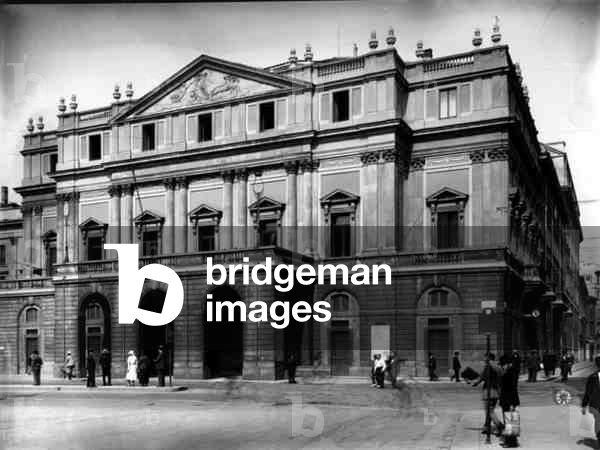 View of the main facade of Teatro alla Scala, Milan, Italy (b/w photo)
