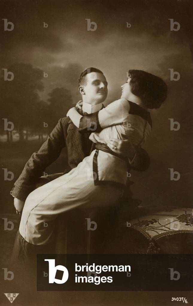 Postcard, lovers portrait in a photographic studio, 