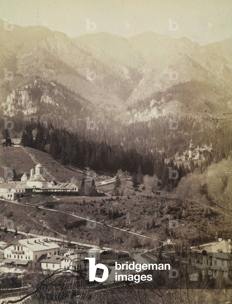 Panorama of Sinai, in the Carpathian mountains, with the Pelesch castle (or Peleç) of King Carol I