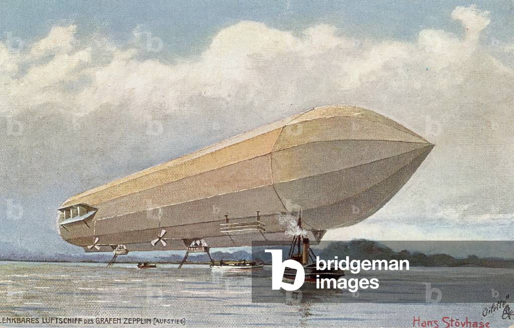 Dirigible on water; drawing by Hans Stovhase - Tuck, Raphael & Sons Editore
