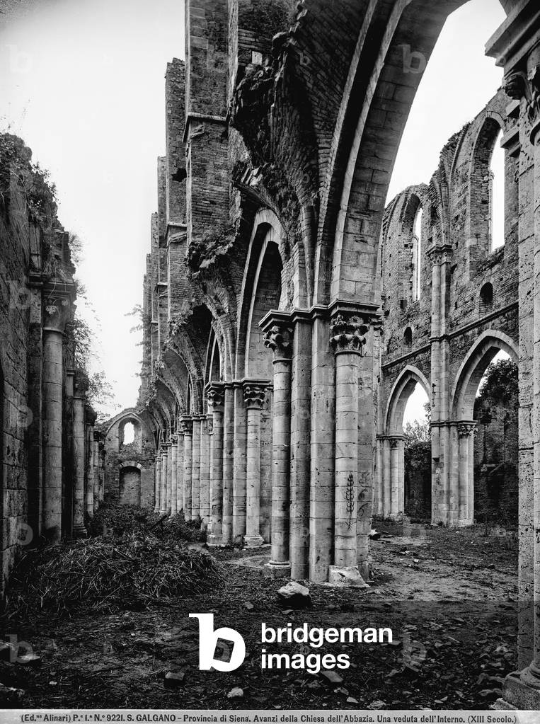 The remains of two aisles, seen diagonally, in the Abbey of San Galgano, near Siena, in Tuscany