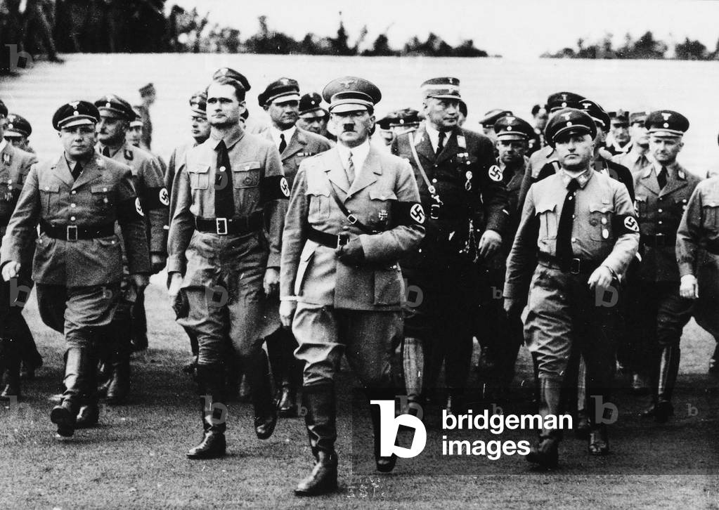 Adolf Hitler in Nuremberg with some of the men in his government; Rudolf Hess and Robert Ley are in the foreground, 14/09/1935 (b/w photo)