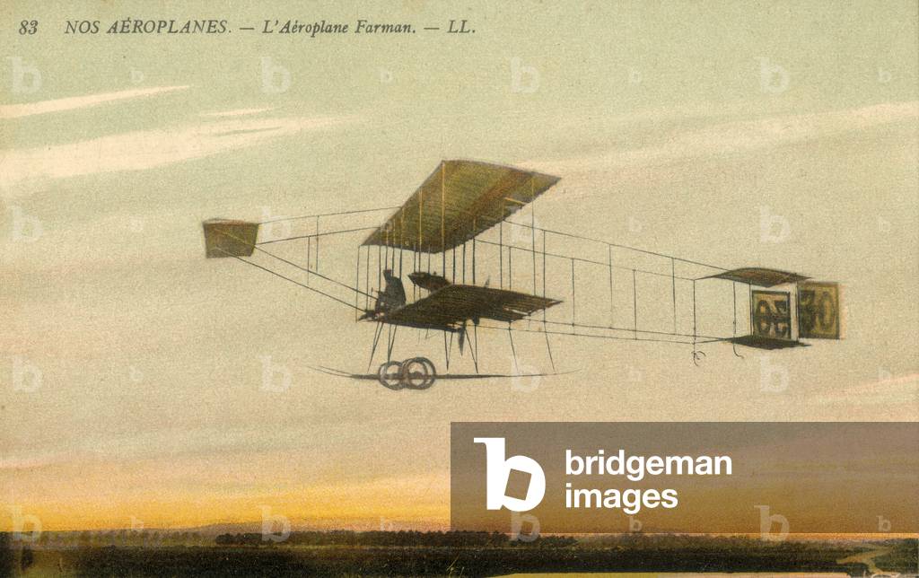 Drawing depicting the biplane built by the Frenchman Henri Farman in flight
