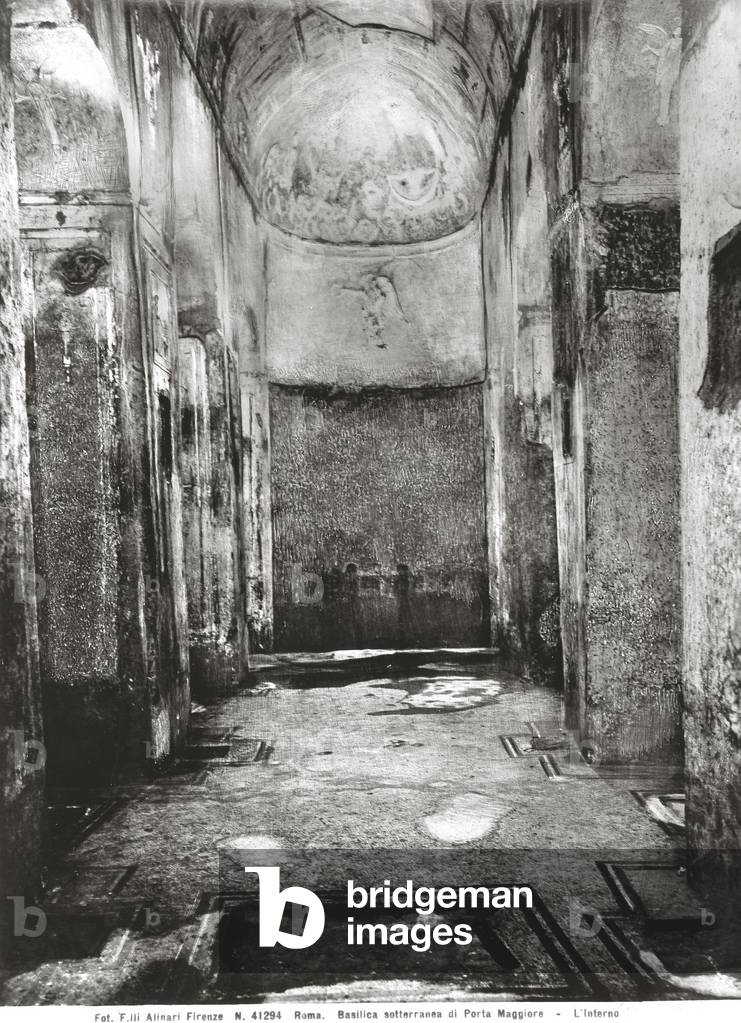 Subterranean neo-pythagorean Basilica of Porta Maggiore in Rome (b/w photo)