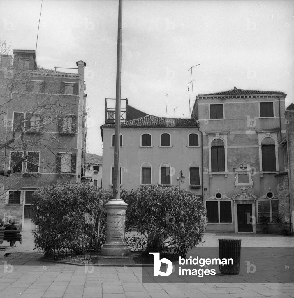 The square outside the church of San Giovanni in Bragora in Venice (b/w photo)
