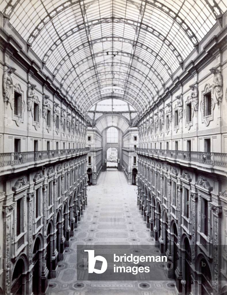 Interior of Galleria Vittorio Emanuele II, Milan, Italy (b/w photo)