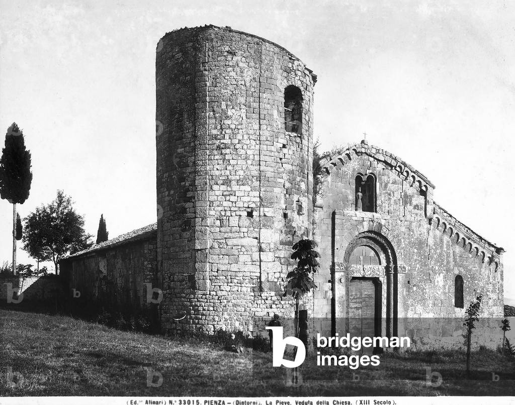 Parish church of Corsignano characterized by a simple facade and by a cropped cylindirical bell tower, Pienza.