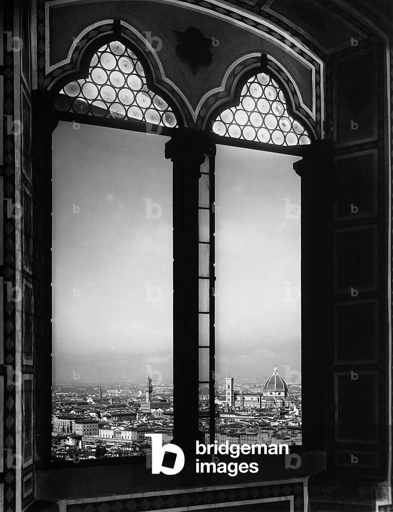 Panorama of Florence taken from a mullioned window of palazzo dei Vescovi near the church of S.Miniato al Monte