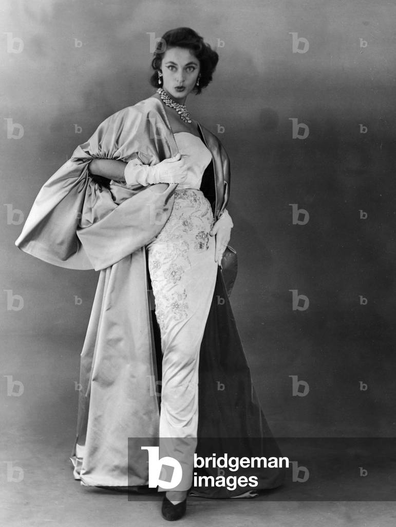 Fashion: satin evening dress and cloak by Pierre Clarence