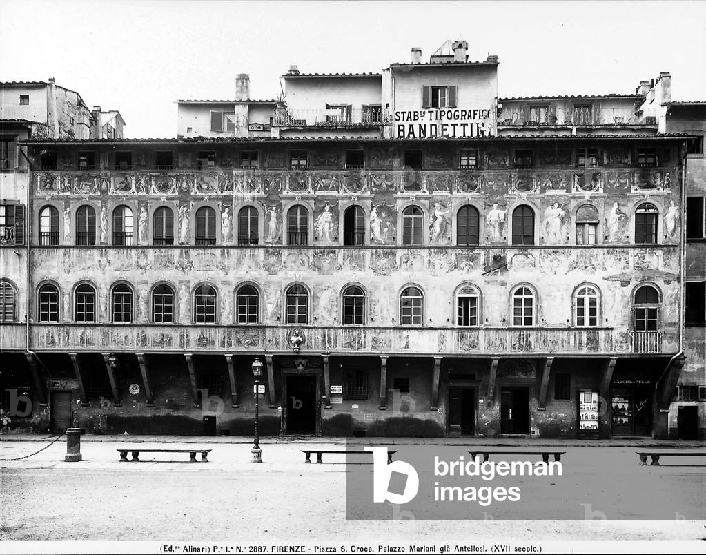 View of the façade of Palazzo dell'Antella,painted with frescoes in Piazza Santa Croce in Florence.