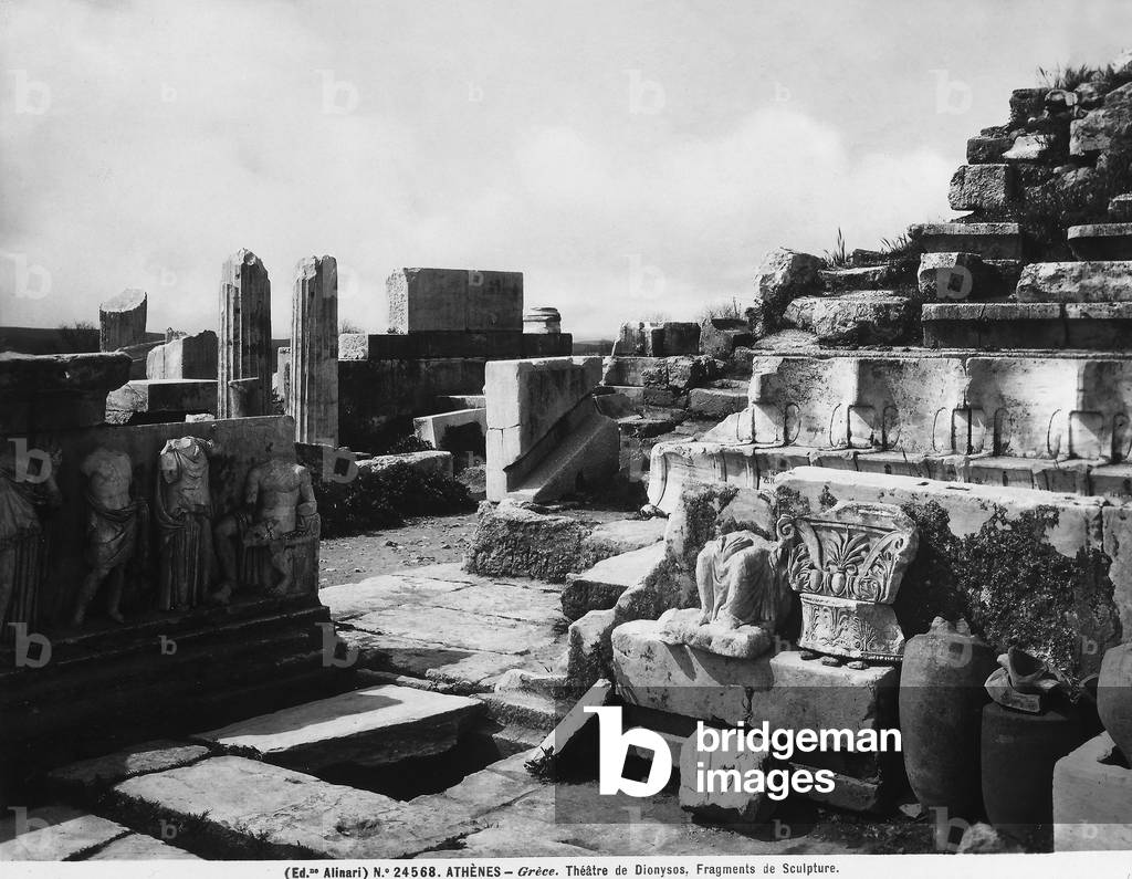 Fragments of sculptures and marble furnishings in the Theater of Dionysos in Athens