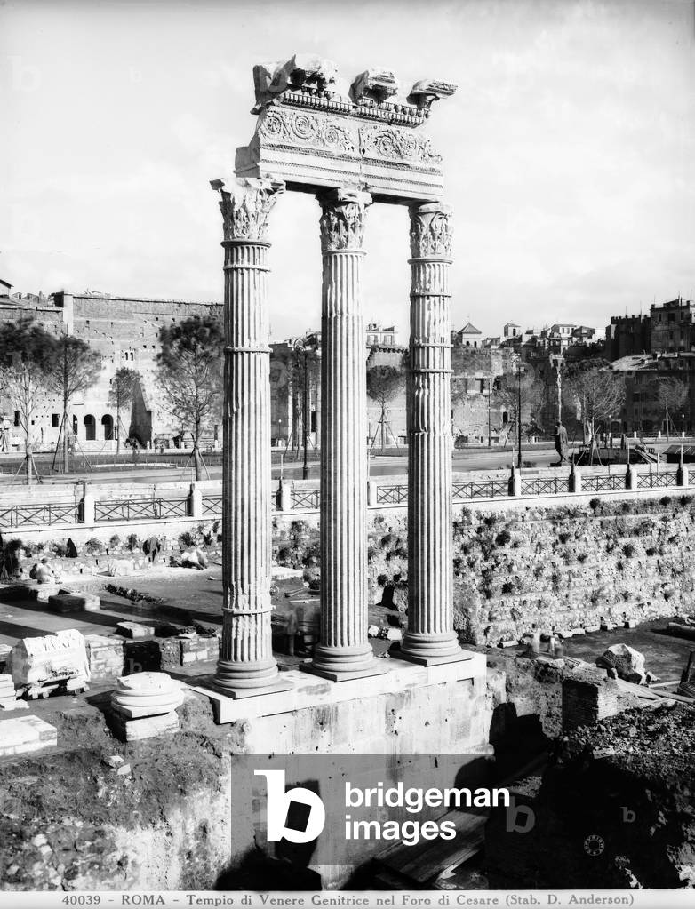 The three columns and the trabeation of the Temple of Venus Genitrix in the Forum of Caesar, Rome