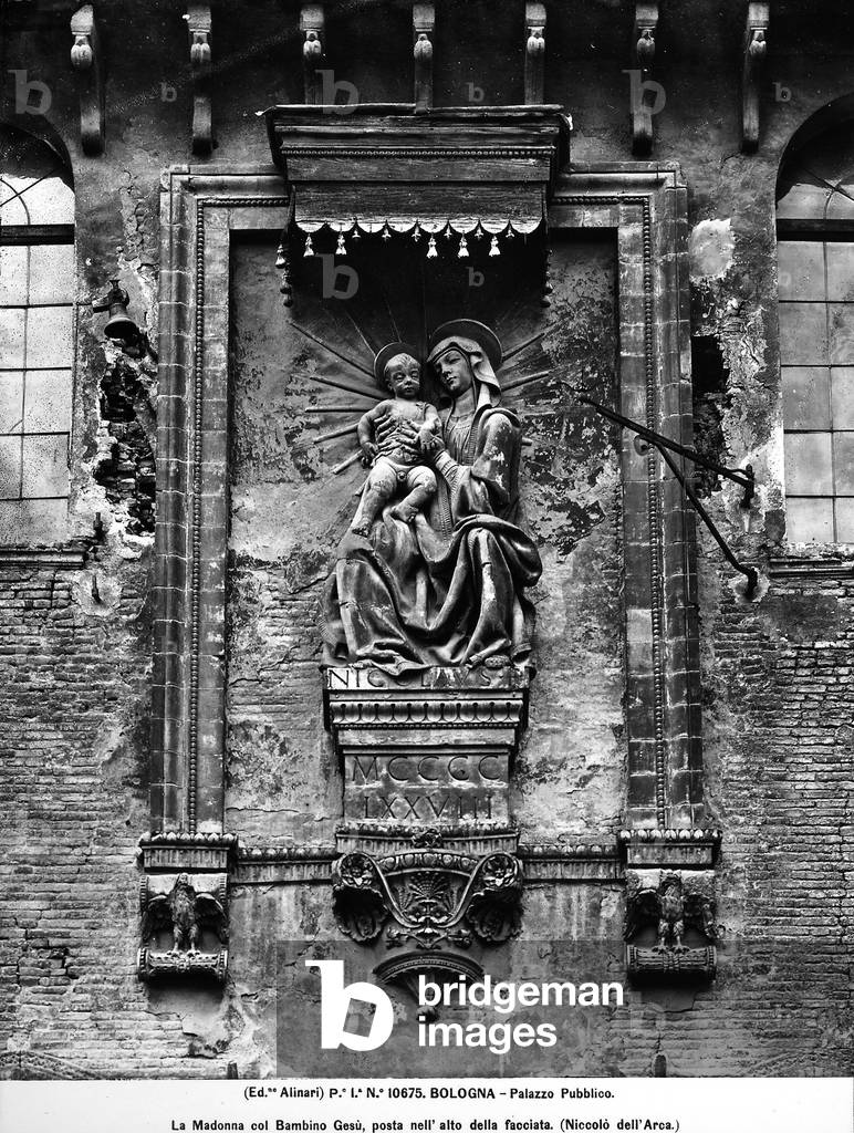 Relief representing the Virgin Mary with Child standing in front the faciade of the Public Palace in Bologna