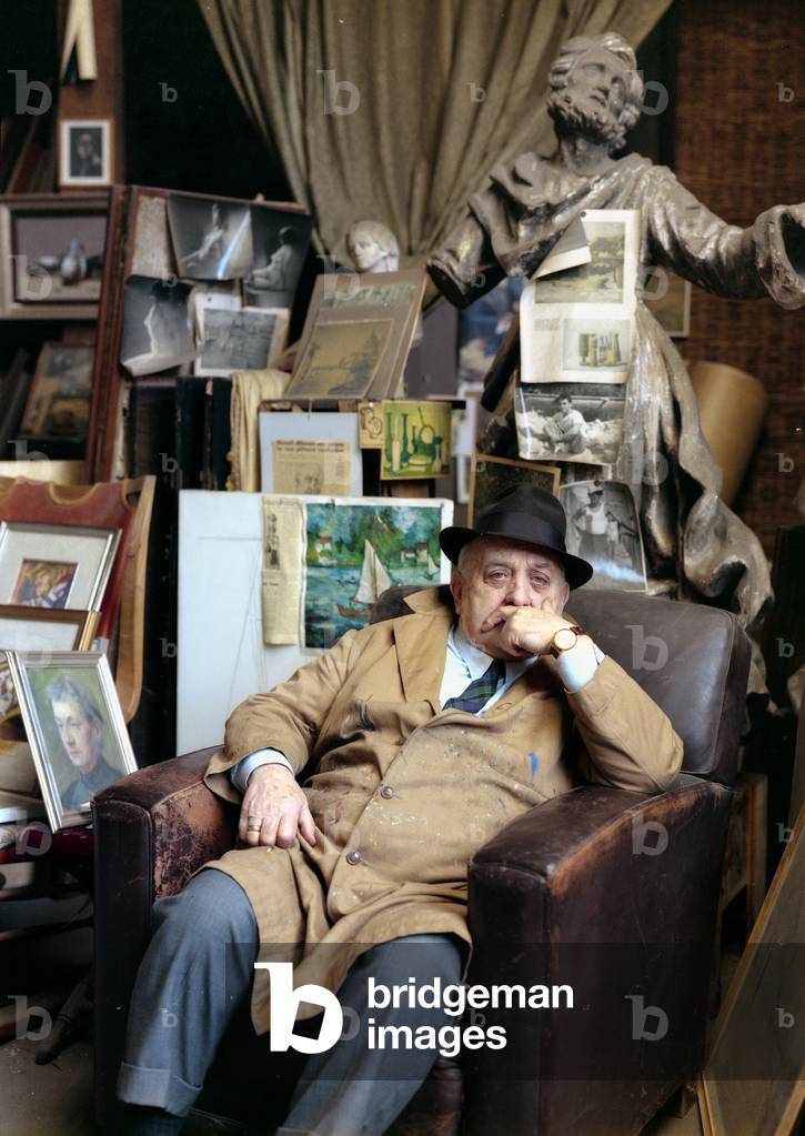 The Venetian painter Marco Novati (1895-1975) in his studio, 29/05/1969 (b/w photo)
