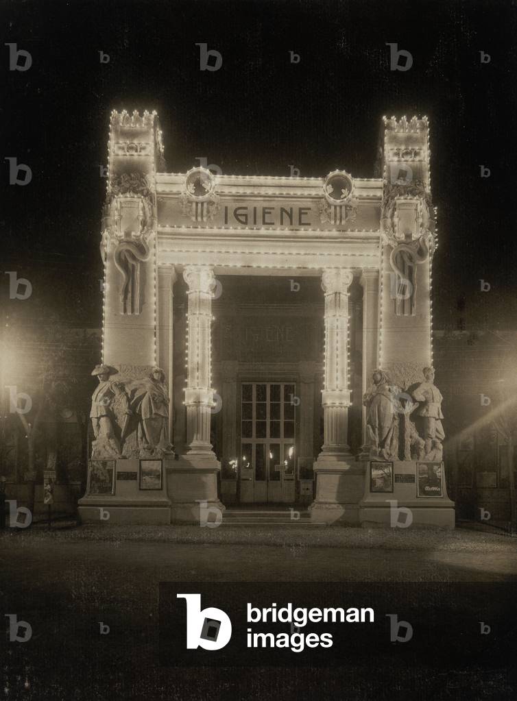 Nocturnal view of the health/hygiene pavilion artistically illuminated, at the Milan International Exposition of 1906
