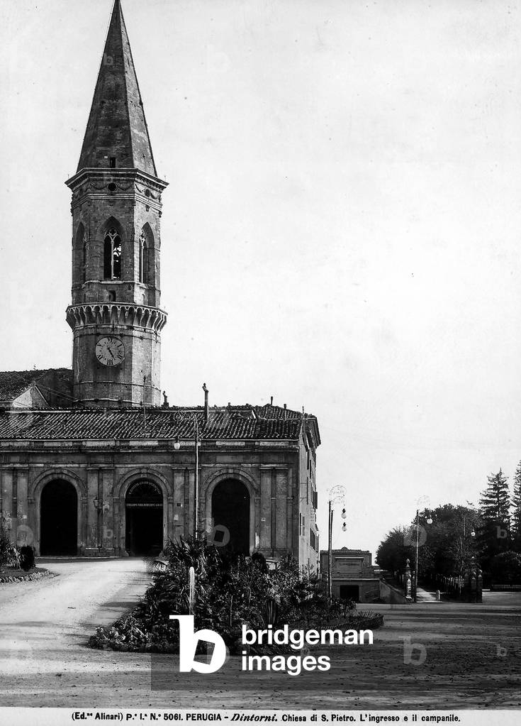 View of the entrance and bell tower of the Basilica of St. Peter in Perugia.