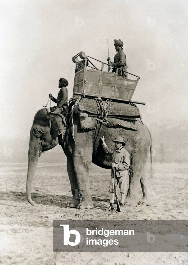 The Prince of Wales photographed next to an elephant, ready to participate in a tiger hunt, 1864 (print on double-weight paper)