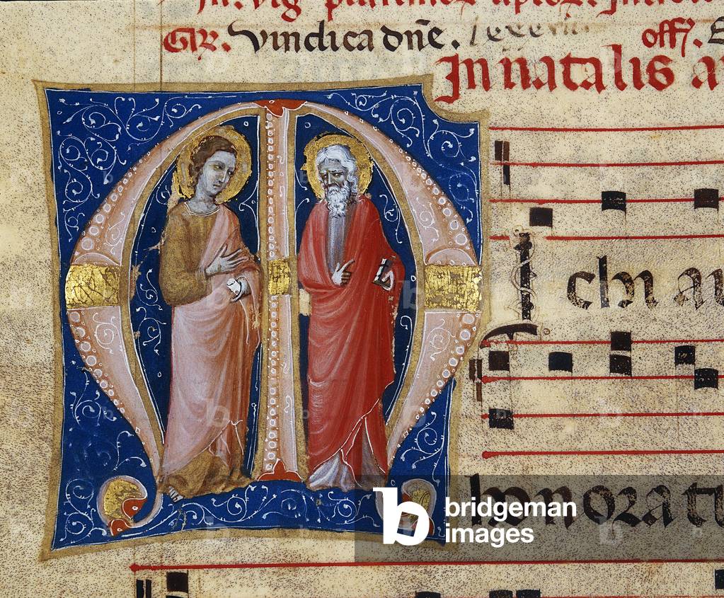 Miniatured page of a choral parchment featuring two saints, detail