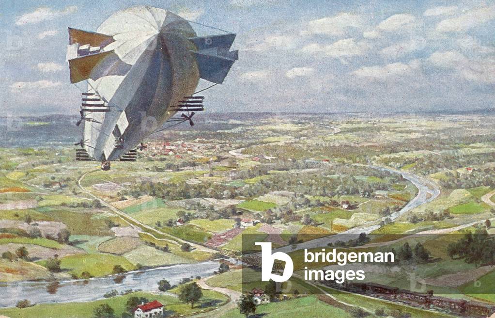 Drawing depicting a dirigible flying over countryside crossed by a river - T.S.N. Editore