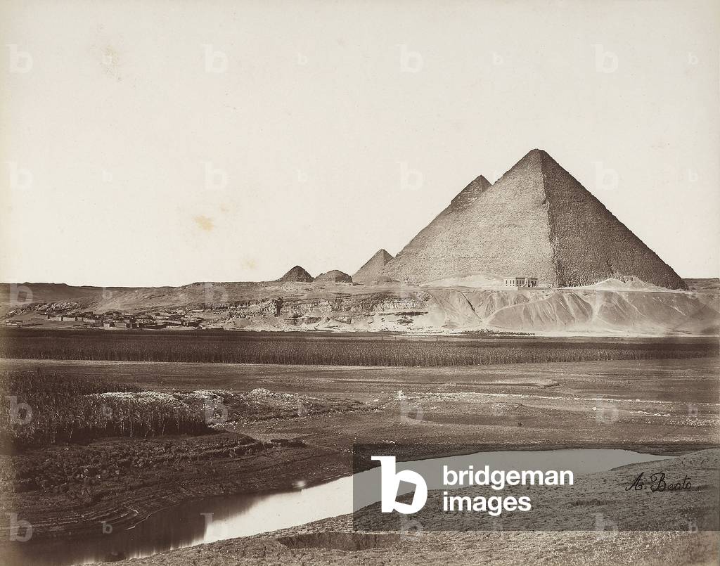 General view of the Giza plateau with the Grand Pyramid of Cheops in the foreground