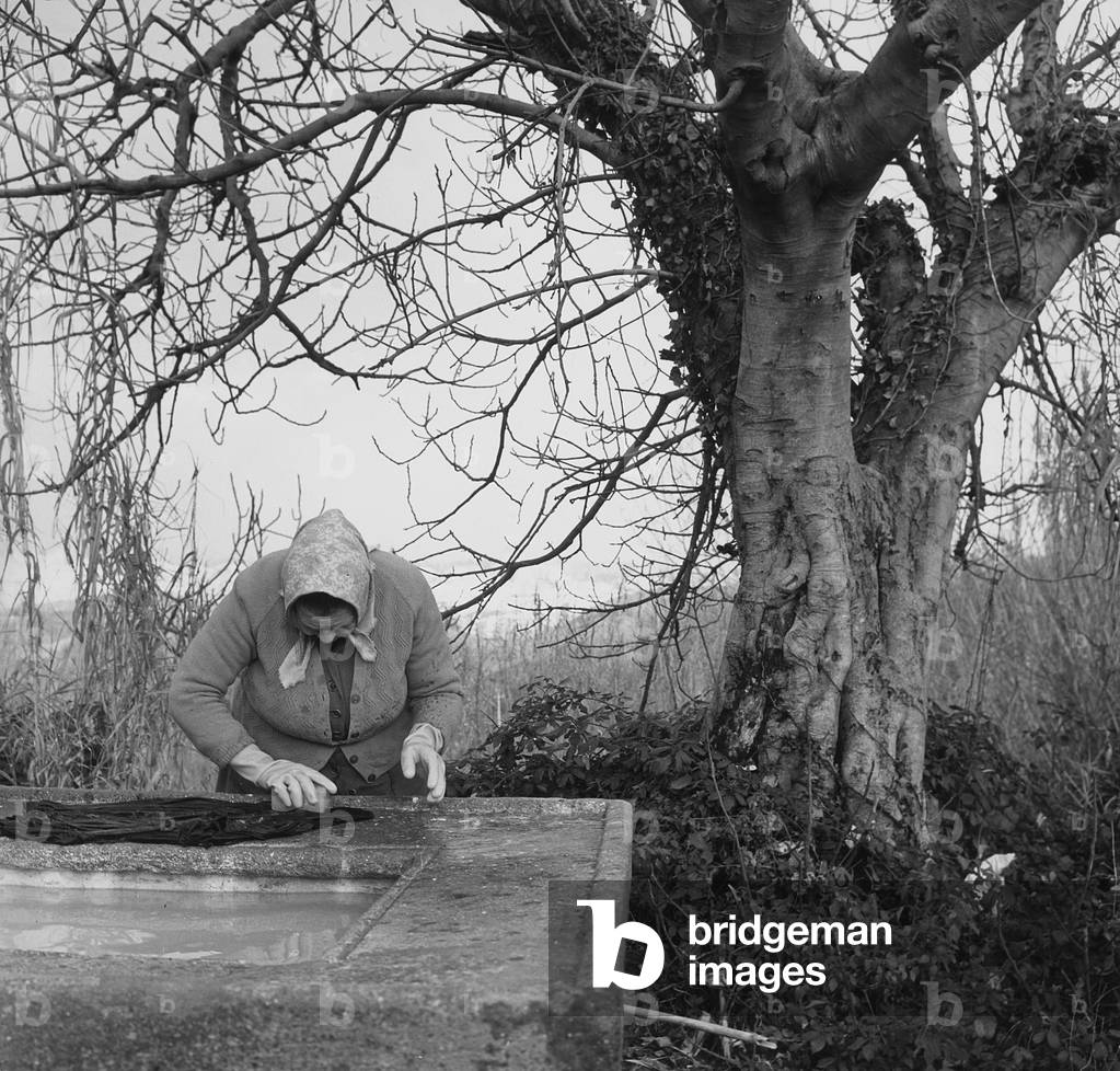 Laundress in the neighborhood of the Pineta Sacchetti in Rome (b/w photo)