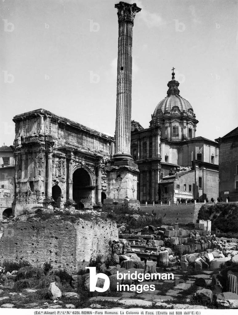View of part of the Roman Forum in Rome with the Column of Foca and the Arch of Septimius Severus in the background