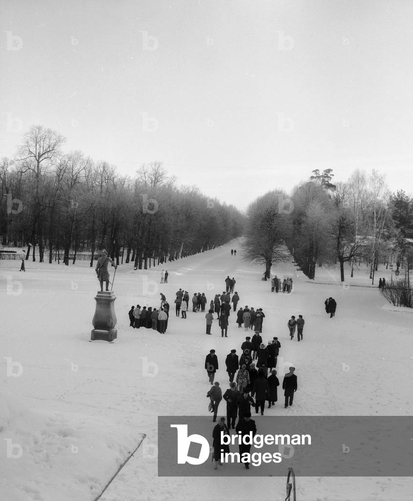 Crowd of visitors in the park of the Palace of Pavlovsk with snow (b/w photo)