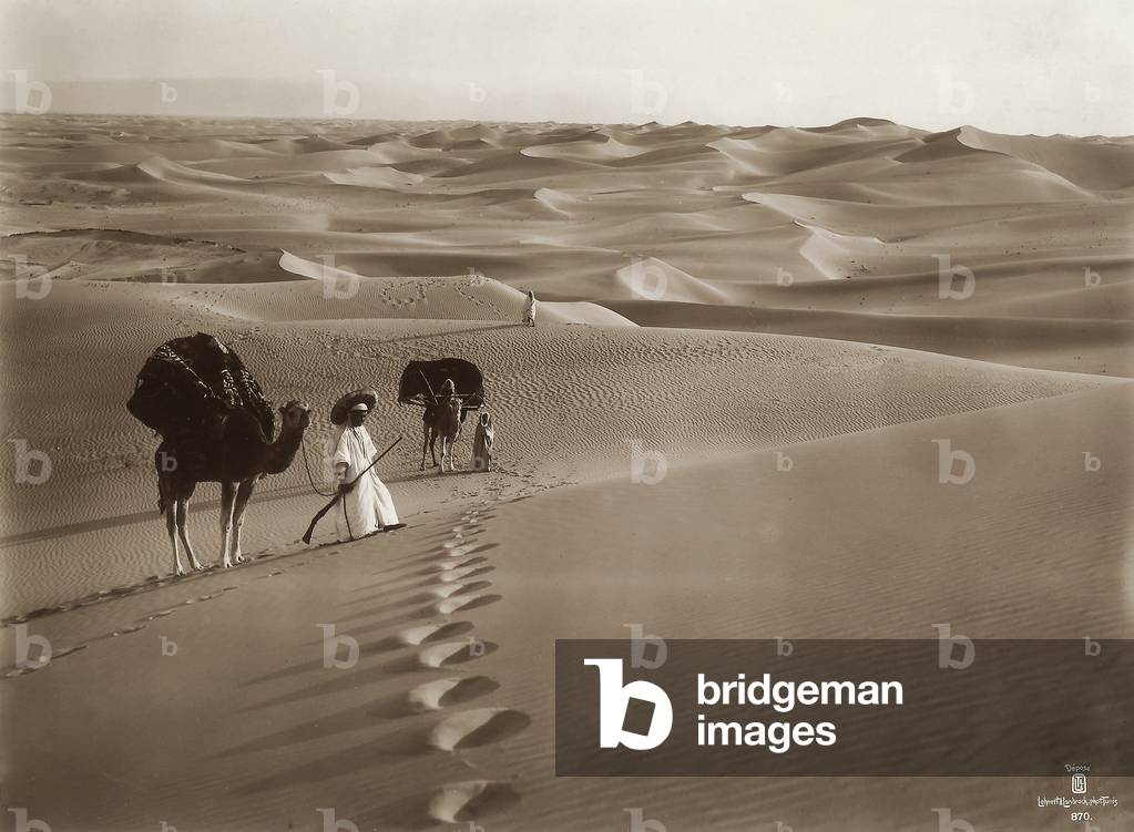 Bedouin and camel amidst dunes of the Tunisian desert, 1900-1910 (photomechanic print)