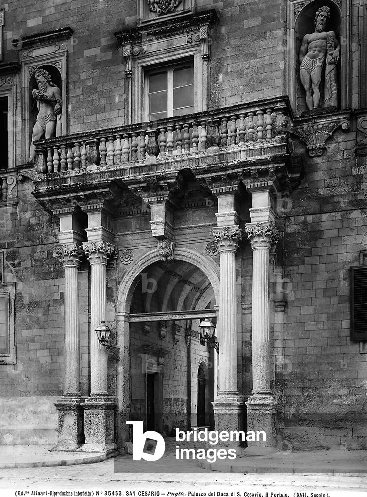 View of the entrance portal, façade of the ducal palace in San Cesario di Lecce, Apulia.