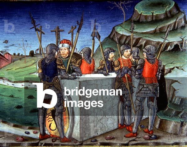 Fol.123va The tomb of Christ is guarded by Soldiers (vellum)