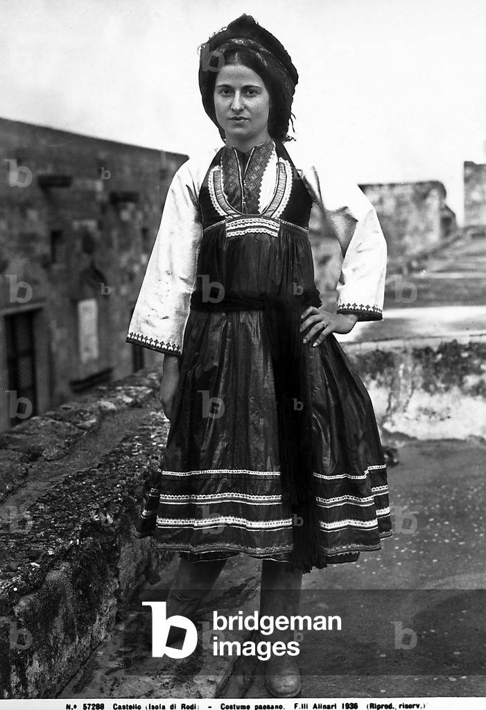 Portrait of a woman in typical country dress from the island of Rodi.