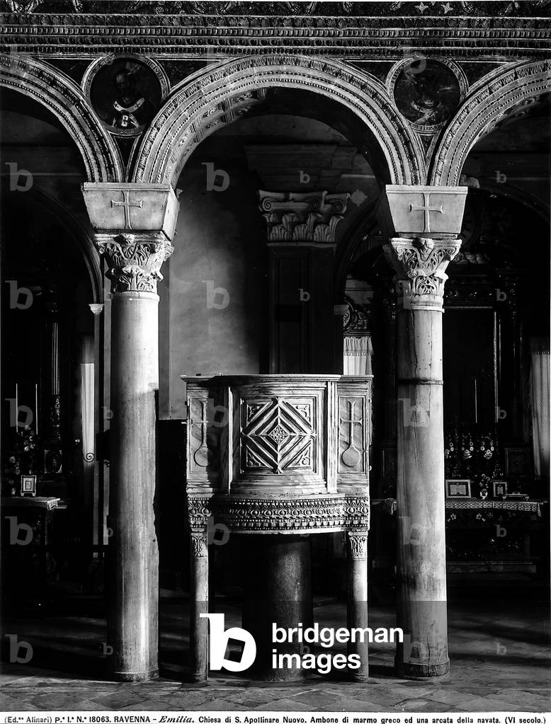 Greek marble ambo located in the interior of the Church of Sant'Apollinare Nuovo, Ravenna.
