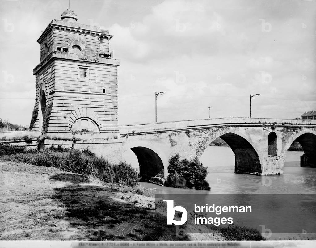 View of the Milvian Bridge in Rome; the tower is the work of the reconstruction of the 1800's by Giuseppe Valadier