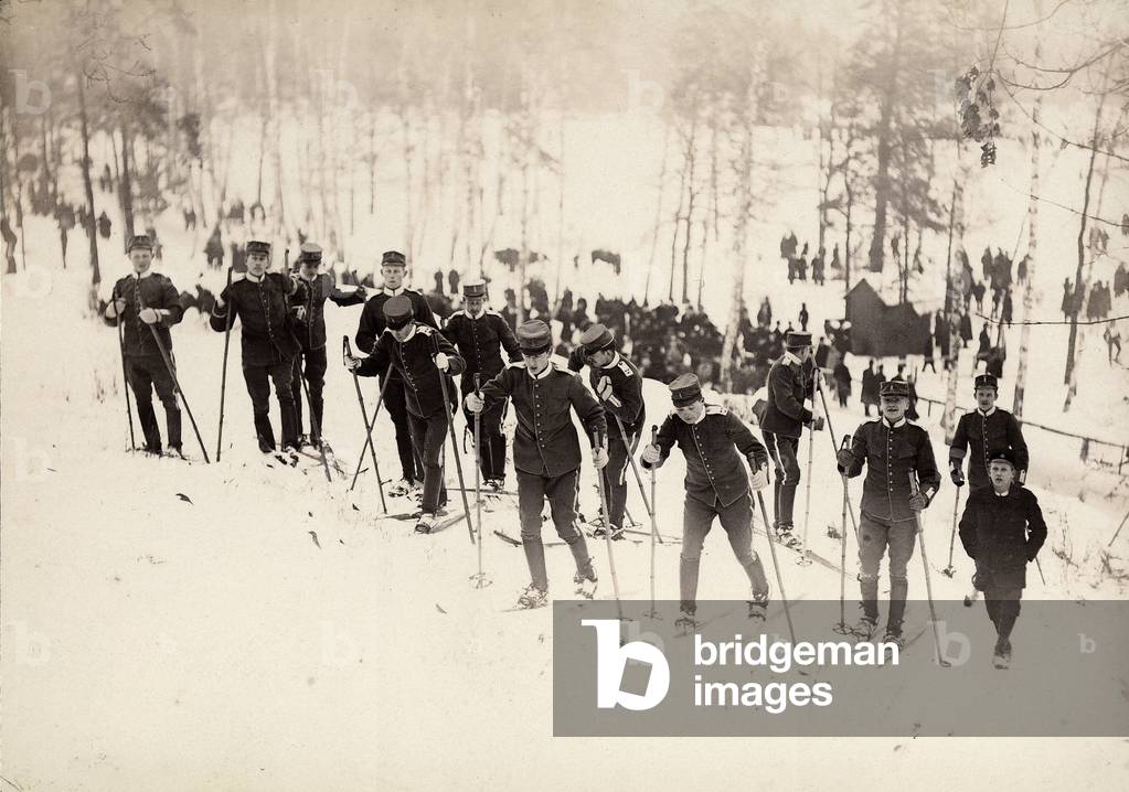Stockhom Winter Games. A group of foot soldiers of the Swedish army participate in a cross-country ski race.