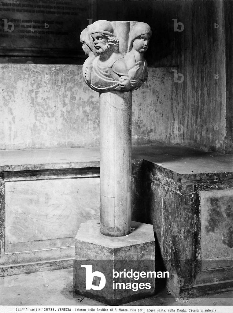 Holy water stoup, originally located in the crypt, in St. Mark's Basilica, in Venice