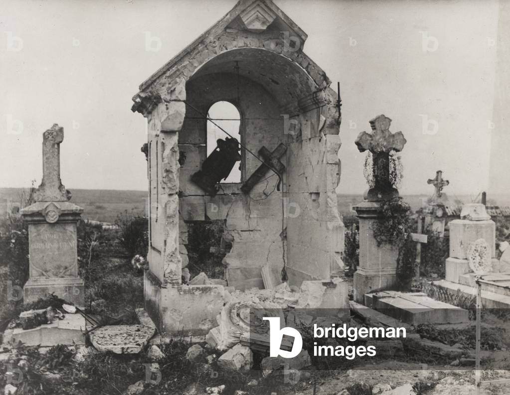 World War II: Graves in the cemetery of Ly-Fontaine damaged by German bombing, the French Department de l 'Aisne (b/w photo)
