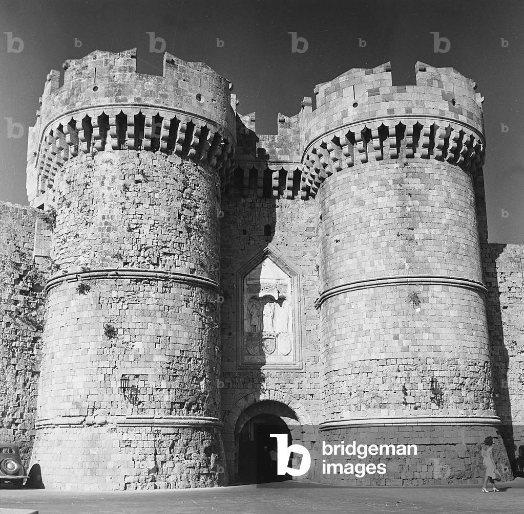 The turrets at the entrance to the Palace of the Grand Magister in Rhodes, Greece