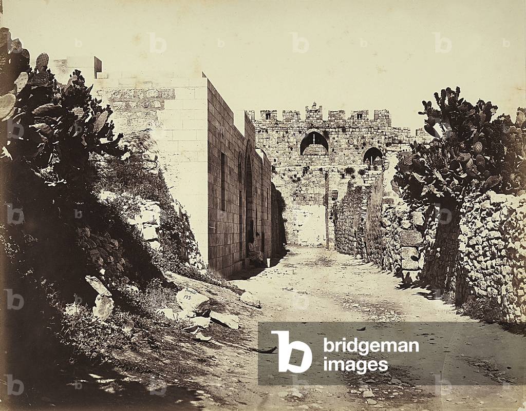 View of a section of the city walls and the house of Saint Anne, in Jerusalem