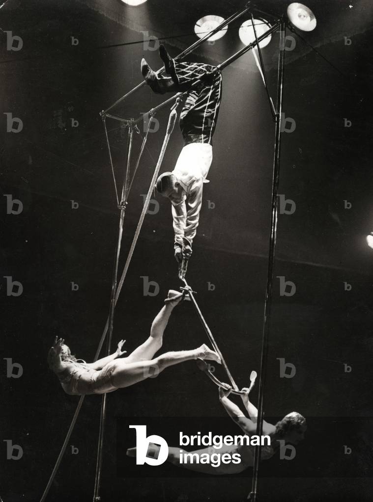 Acrobats at the circus (b/w photo)