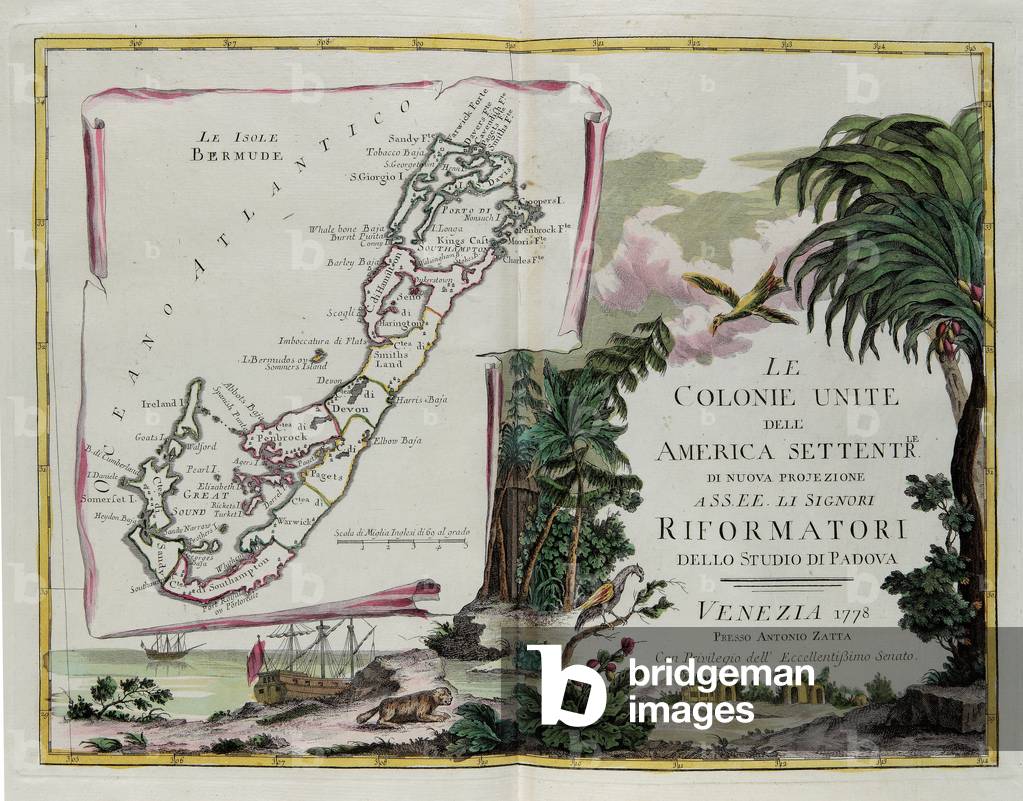 The Islands of Bermuda and the frontispiece of the section dedicated to the United Colonies of North America, engraving by G. Zuliani taken from Tome I of the 